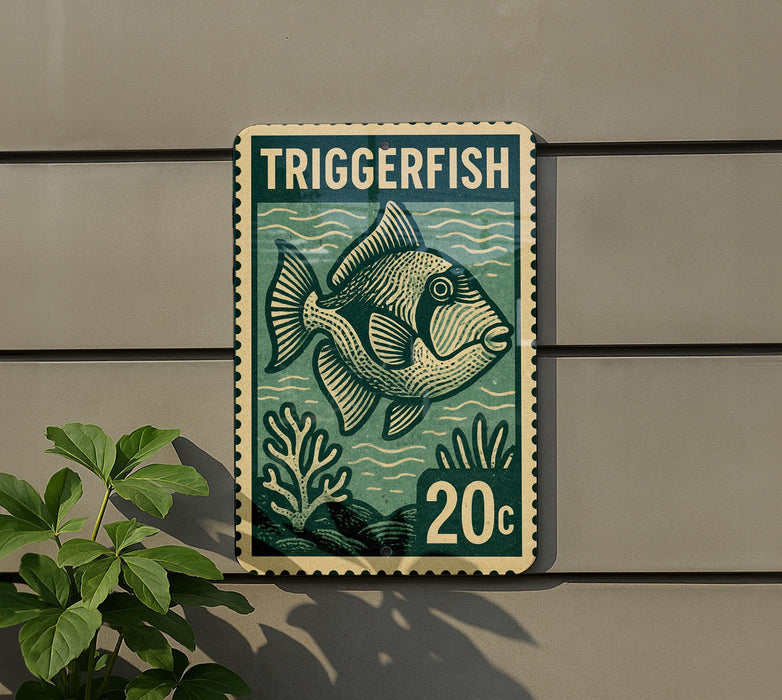 A green and white postage stamp featuring a fish illustration, mounted on a wall next to a plant.