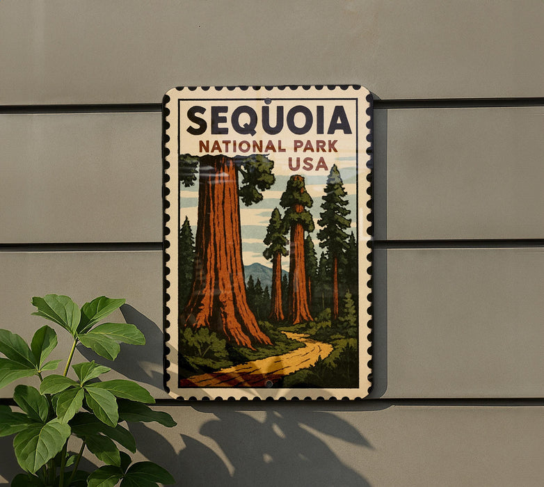 A vintage-style poster of Sequoia National Park in the USA, featuring a scenic illustration of towering sequoia trees and a winding path.