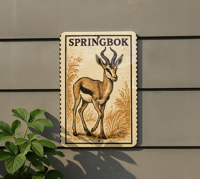 A sign with the name 'Springbok' on it, featuring an illustration of a gazelle or antelope.