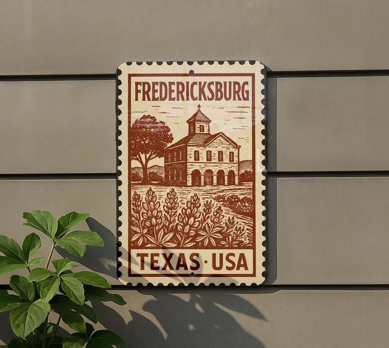 A sign for Frederickburg, Texas, featuring a building and a tree, mounted on a wall.