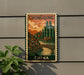 A vintage-style poster of the city of Hong Kong, featuring a colorful illustration of the cityscape with buildings, bridges, and a river.