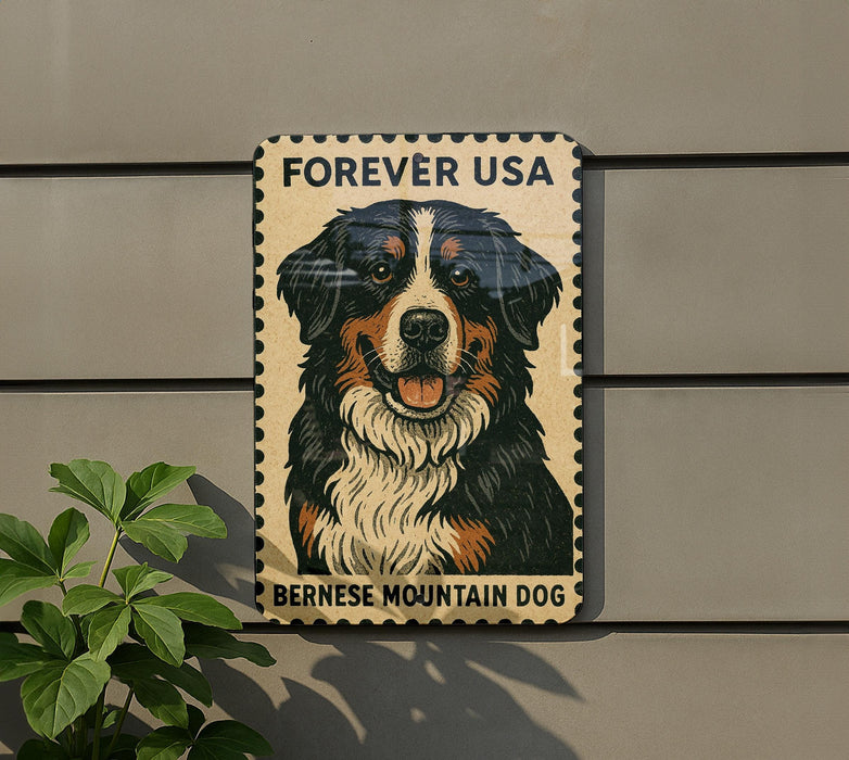 A metal sign with a Bernese Mountain Dog illustration on it, mounted on a wall.
