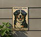 A metal sign with a Bernese Mountain Dog illustration on it, mounted on a wall.