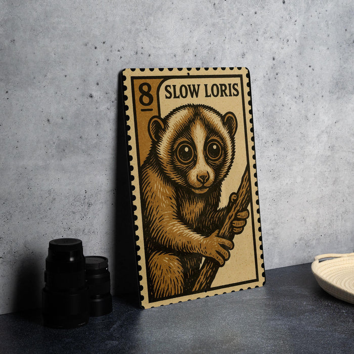 A wooden postcard featuring a close-up of a cute, furry animal, likely a koala, with the text "SLOW LORIS" printed on it.