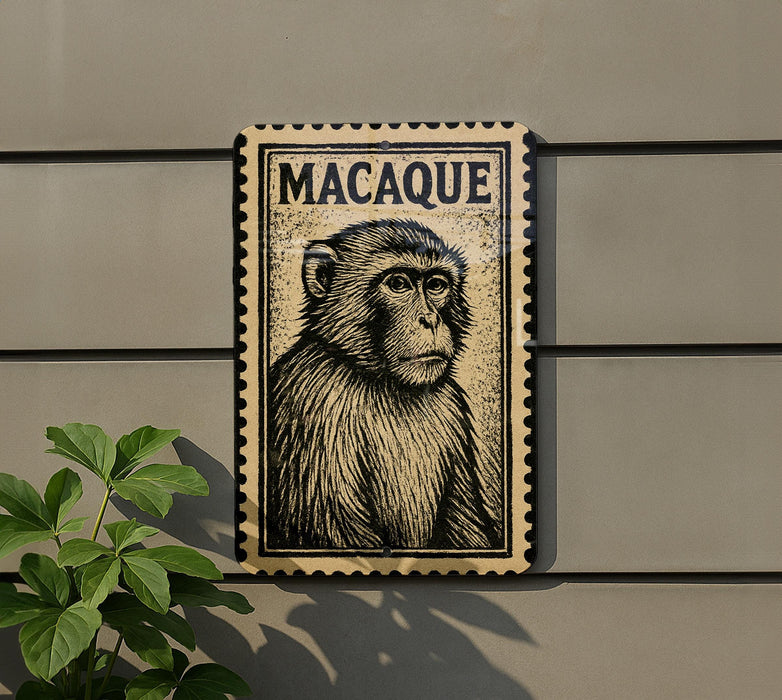 a monkey on a wall, with a stamp-like border around it.