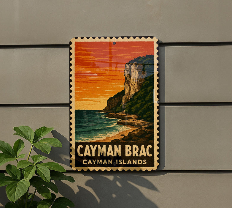 A vintage-style postage stamp depicting a scenic view of the Caribbean island of Cayman Brac, with a cliff overlooking the ocean.
