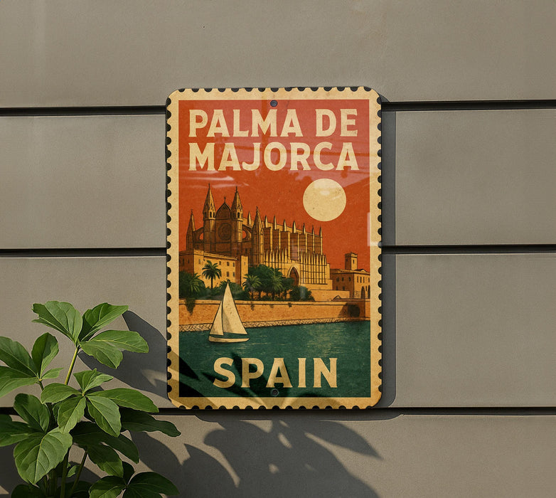 A vintage-style sign for "Palma de Majorca" in Spain, featuring a castle and a sailboat, mounted on a wall.