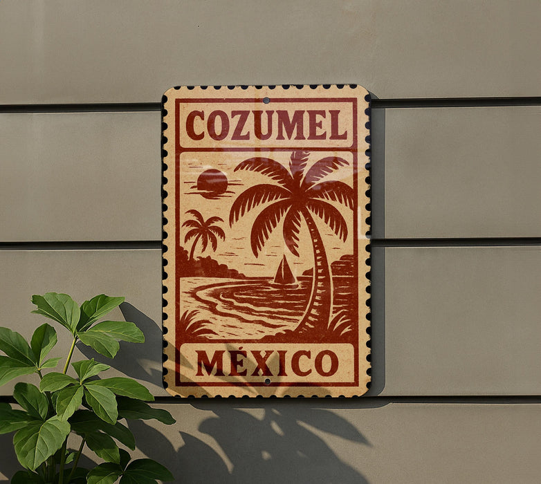 A wooden sign with a tropical beach scene and palm trees, mounted on a wall.