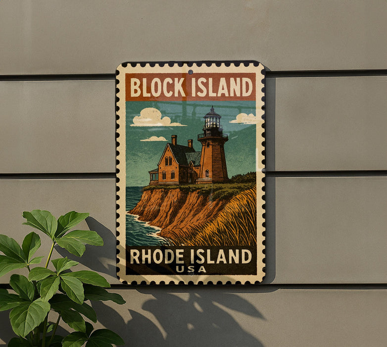 A vintage-style metal sign with a lighthouse and coastal landscape, mounted on a wall.