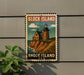 A vintage-style metal sign with a lighthouse and coastal landscape, mounted on a wall.