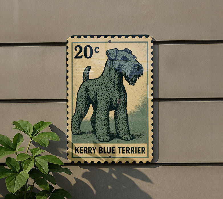 A 20c postage stamp featuring a picture of a Kerry Blue Terrier dog.