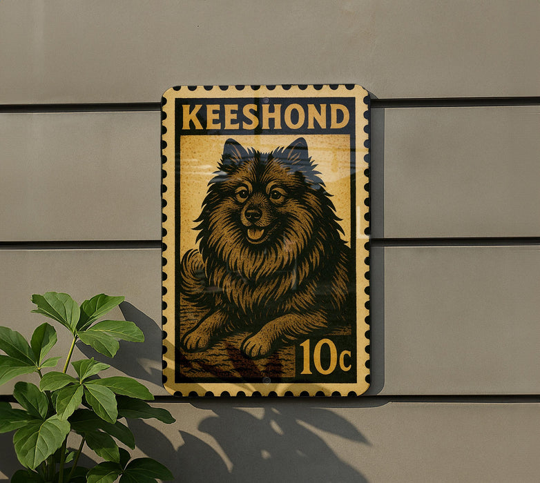 A decorative metal stamp featuring a dog illustration, mounted on a wall next to a plant.