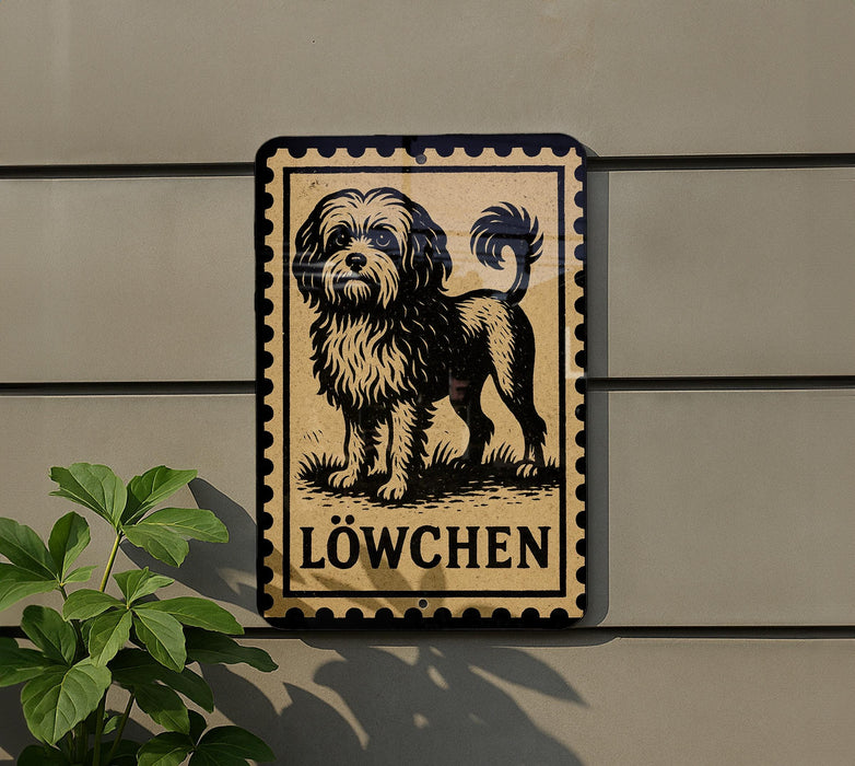 a sign with a dog illustration and the word "Löwchen" below it.