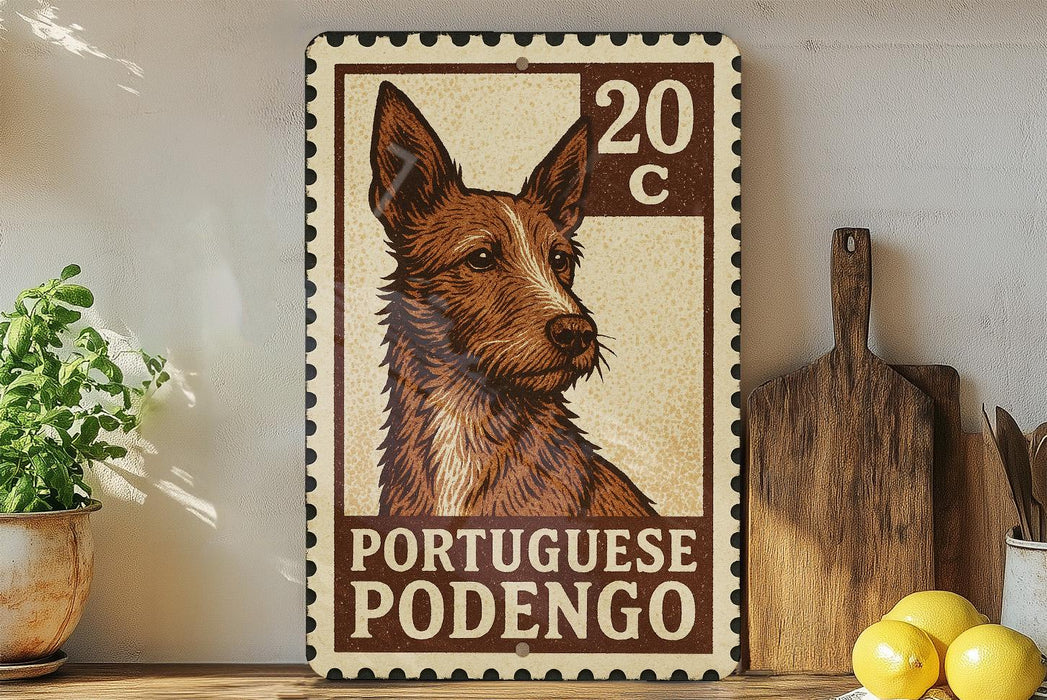 A Portuguese Podego dog stamp is displayed on a wooden surface, with a potted plant and kitchen utensils visible in the background.