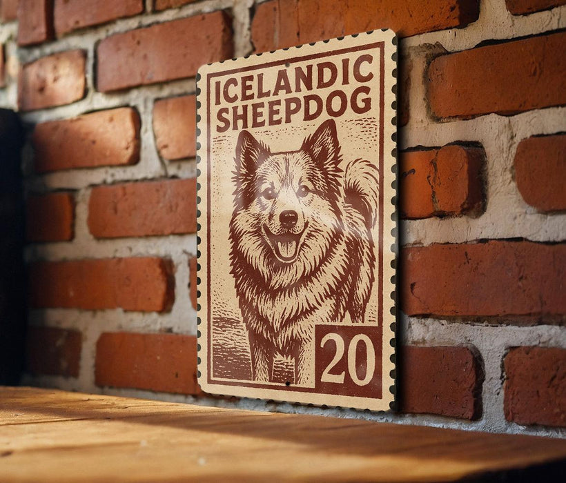 A wooden table with a wooden border, against a brick wall. There is a wooden sign with a picture of a dog and the text "Icelandic Sheepad Dog" on it.