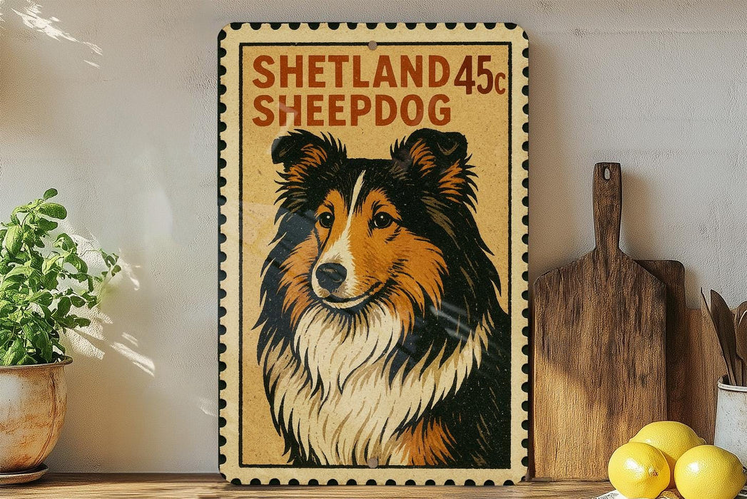A vintage-style metal sign featuring a close-up illustration of a Shetland sheepdog, with the text "SHELTLAND 45c SHEPDOG" prominently displayed.