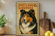 A vintage-style metal sign featuring a close-up illustration of a Shetland sheepdog, with the text "SHELTLAND 45c SHEPDOG" prominently displayed.