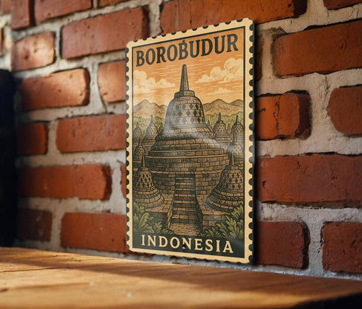 A vintage postage stamp depicting Borobudur, the famous Buddhist temple in Indonesia, is displayed on a brick wall.
