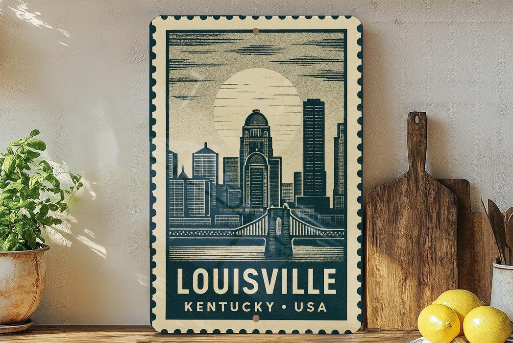 A framed poster of the skyline of Louisville, Kentucky, USA, featuring a cityscape with tall buildings and a large sun in the sky.