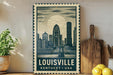 A framed poster of the skyline of Louisville, Kentucky, USA, featuring a cityscape with tall buildings and a large sun in the sky.