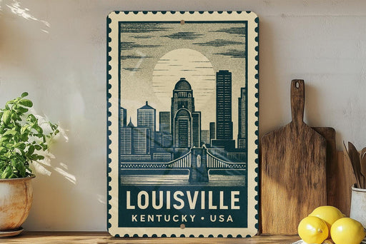 A framed poster of the skyline of Louisville, Kentucky, USA, featuring a cityscape with tall buildings and a large sun in the sky.