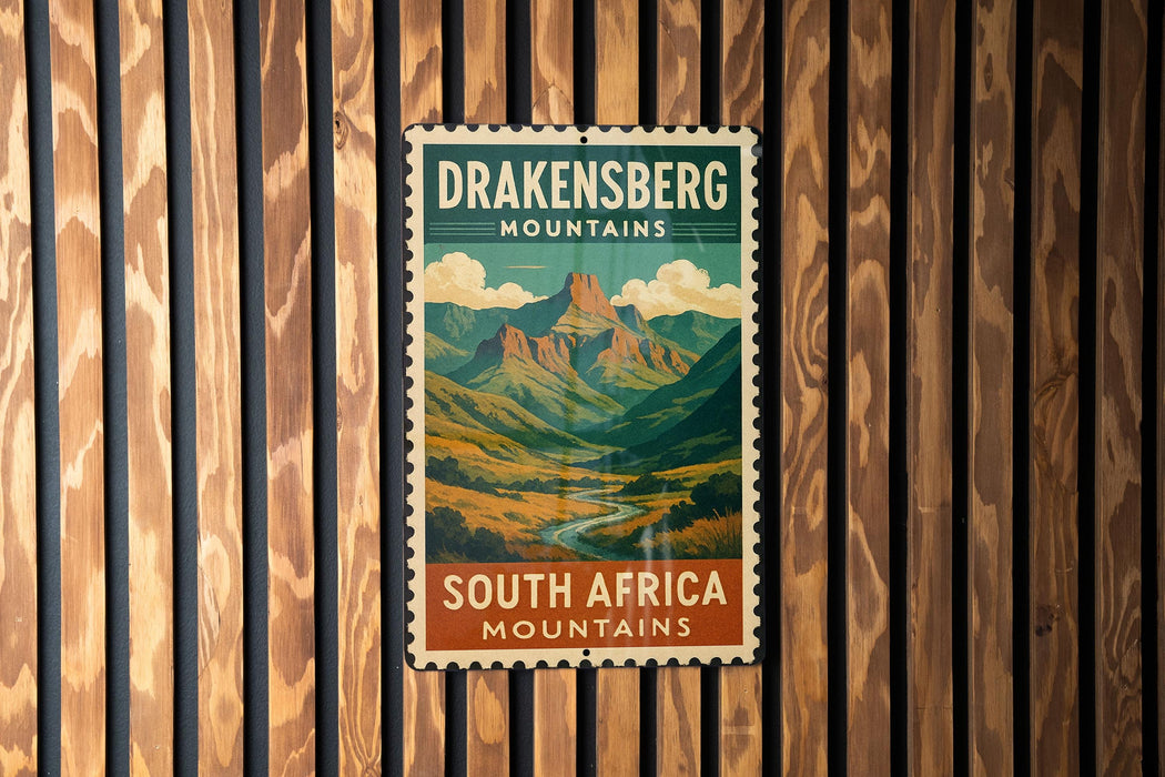 A vintage-style poster of the Drakensberg Mountains in South Africa, featuring a scenic mountain landscape with a winding river.