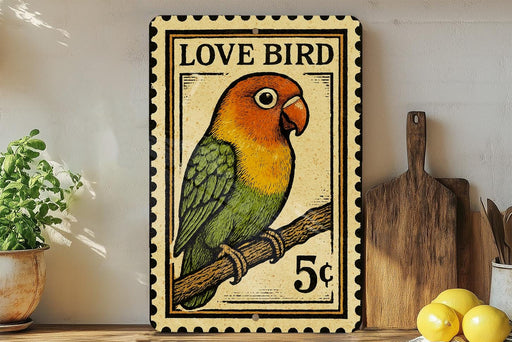 A vintage postage stamp featuring a colorful parrot perched on a branch, with the text "LOVE BIRD" and "5¢" printed on it. The stamp is displayed on a shelf next to a wooden cutting board and a potted plant.