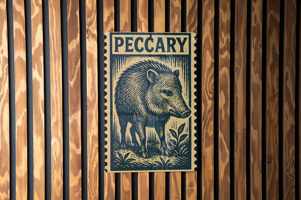 A wooden wall with a large, detailed illustration of a wild boar, which appears to be a postage stamp or a decorative piece.