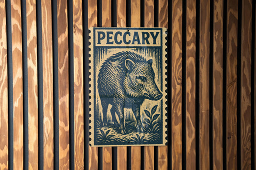 A wooden wall with a large, detailed illustration of a wild boar, which appears to be a postage stamp or a decorative piece.