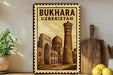 a framed illustration of the Baku-Uzbek Tower, a famous landmark in Uzbekistan, with a potted plant to the left and a wooden cutting board to the right.