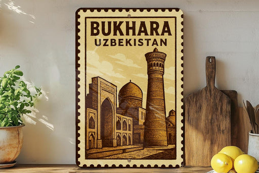 a framed illustration of the Baku-Uzbek Tower, a famous landmark in Uzbekistan, with a potted plant to the left and a wooden cutting board to the right.