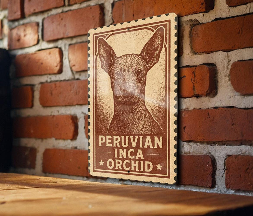 a wooden table with a wooden sign featuring a drawing of a Peruvian Inca orchid.
