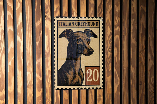 a close-up of a postage stamp with an illustration of an Italian Greyhound dog.