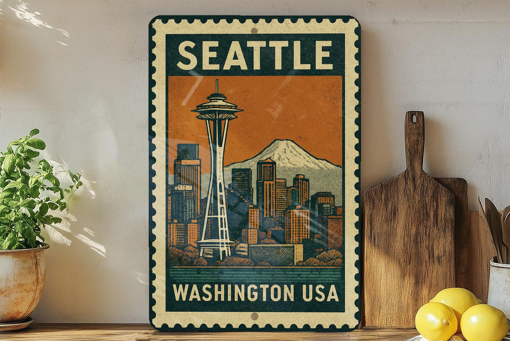 A vintage-style metal sign with the text "SEATTLE WASHINGTON USA" and an illustration of the Space Needle in Seattle, Washington.