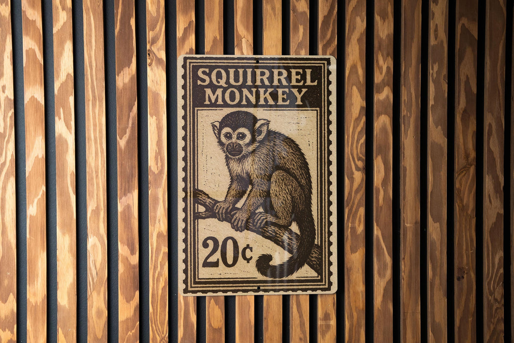 A metal sign with a squirrel monkey image and the text "SQUIRREL MONKEY" is displayed on a wooden wall.