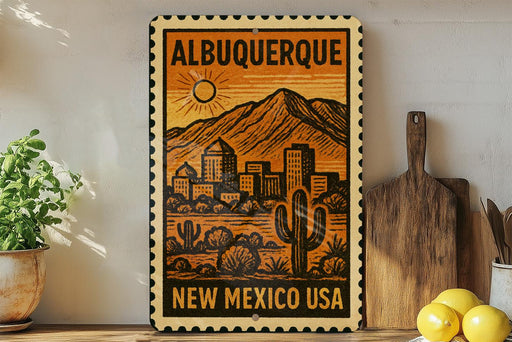 A framed poster of the city of Albuquerque, New Mexico, with a desert landscape and mountains in the background.