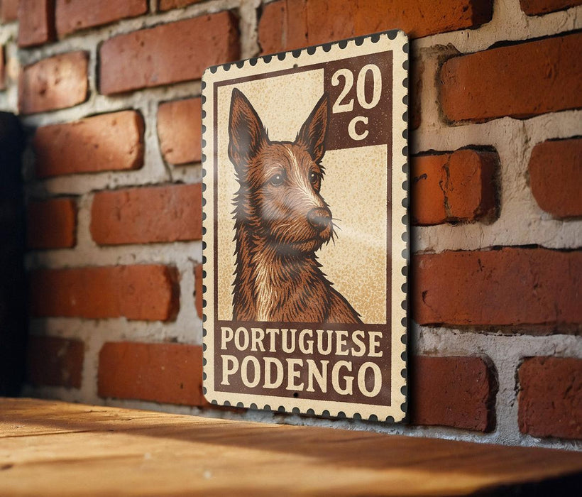 A 20 Portuguese podengo postage stamp is displayed on a brick wall.