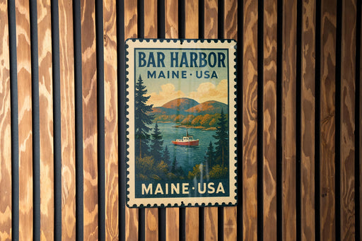 A vintage-style postage stamp from Maine, USA, featuring a scenic landscape with a boat on the water.