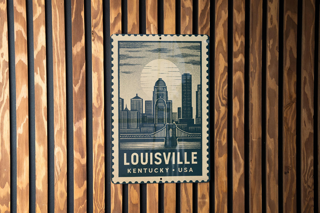 A vintage-style postage stamp depicting the skyline of Louisville, Kentucky, USA.