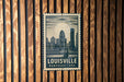 A vintage-style postage stamp depicting the skyline of Louisville, Kentucky, USA.