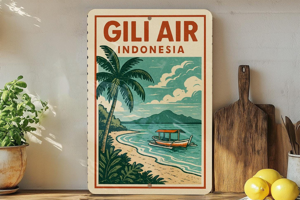 A vintage-style sign for Gili Air Indonesia, featuring a palm tree, a boat on the water, and a beach scene.