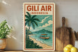 A vintage-style sign for Gili Air Indonesia, featuring a palm tree, a boat on the water, and a beach scene.