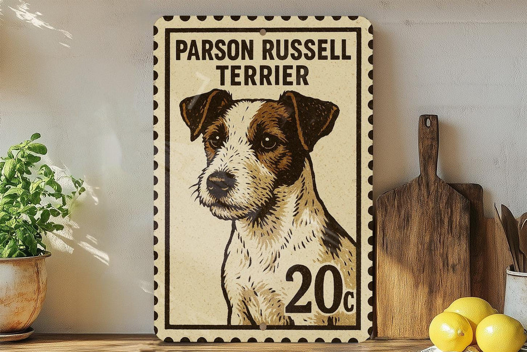 A vintage-style metal sign featuring a portrait of a Parson Russell Terrier, with the text "Parson Russell Terrier" and "20c" printed on it. The sign is displayed on a shelf next to a wooden cutting board and a potted plant.