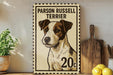A vintage-style metal sign featuring a portrait of a Parson Russell Terrier, with the text "Parson Russell Terrier" and "20c" printed on it. The sign is displayed on a shelf next to a wooden cutting board and a potted plant.