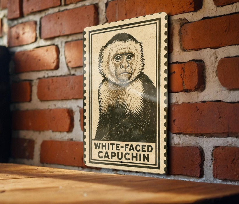 A framed illustration of a white-faced capuchin monkey is displayed on a brick wall.