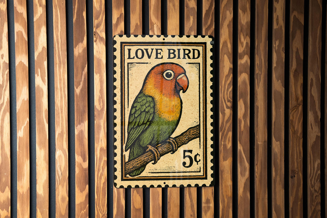 A colorful postage stamp featuring a parrot perched on a branch, with the text "LOVE BIRD" and the denomination of 5 cents.