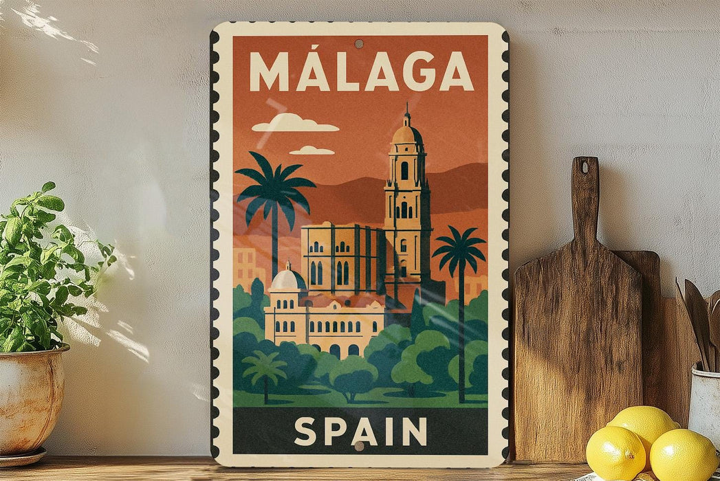 A vintage-style metal sign with the text "MALAGA SPAIN" displayed prominently, featuring an illustration of a building surrounded by palm trees and mountains.