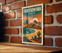 A vintage-style travel poster for Puerto Vallarta, Spain, featuring a beach scene with palm trees, mountains, and a sunset.