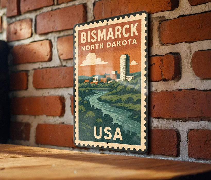 A vintage-style metal stamp depicting a cityscape with a river, mounted on a brick wall.