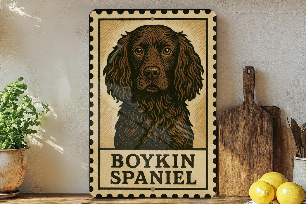 A framed poster of a Boykin Spaniel dog is displayed on a shelf, accompanied by a wooden cutting board, a potted plant, and some lemons.